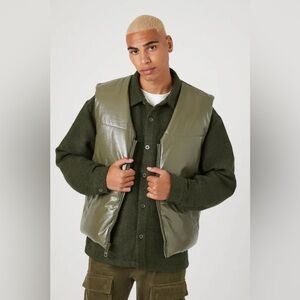 Mens faux patent leather shiny green puffer vest